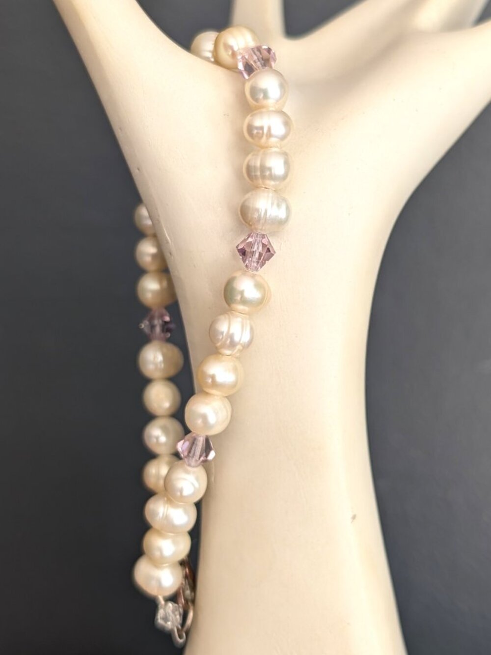 Faux pearl and light purple crystal beaded bracelet